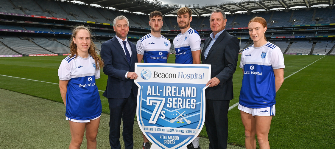 Kilmacud Crokes Players Issy Davis, Andrew McGowan, Ronan Hayes and Lauren Magee in attendance at the launch event for the Beacon Hospital All-Ireland 7s Series along with Beacon Hospital CFO Darragh Kavanagh and Kilmacud Crokes Club Chairman Kevin Foley