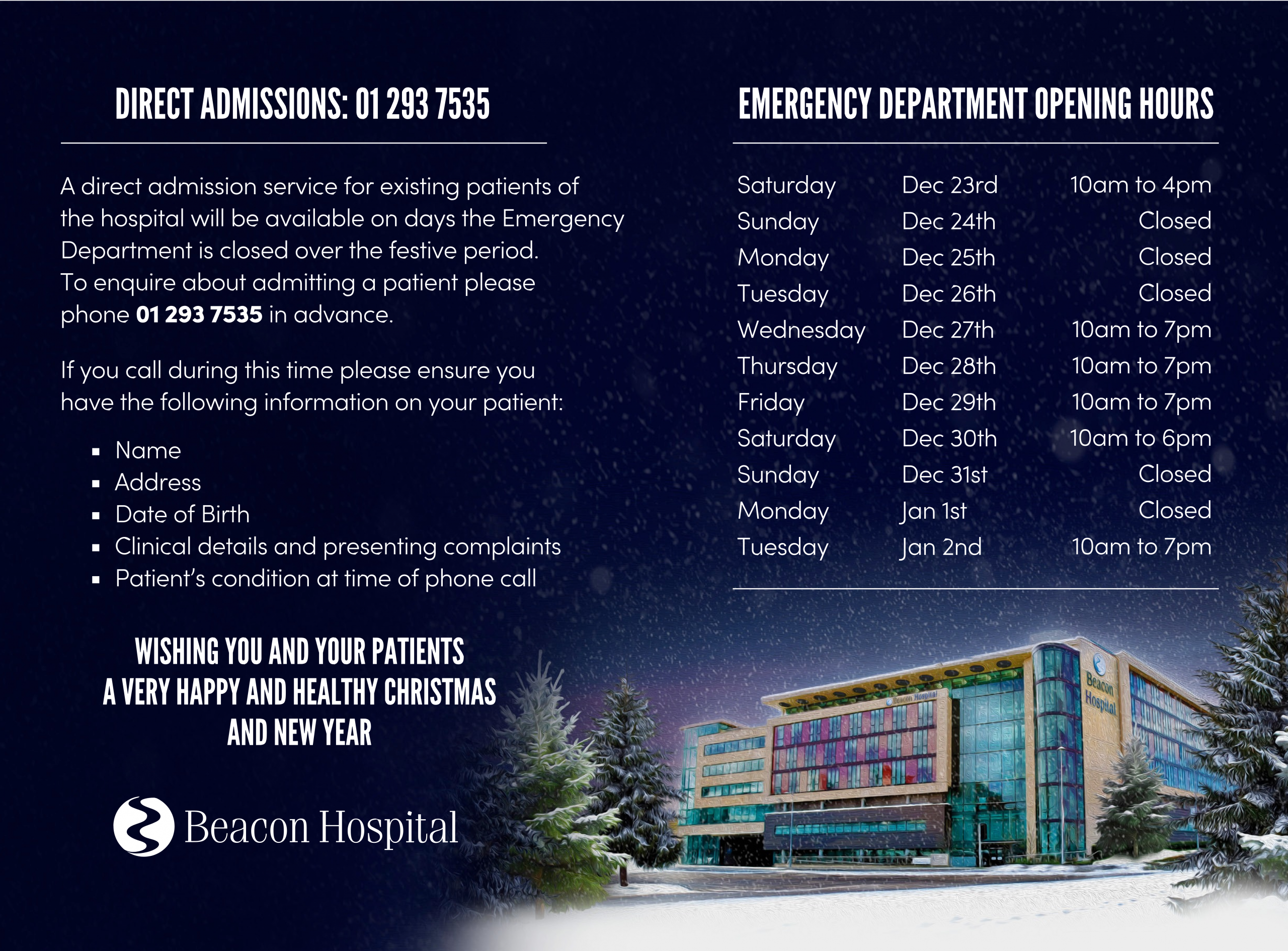 ED Opening Hours & Direct Admission Christmas & New Years 2023