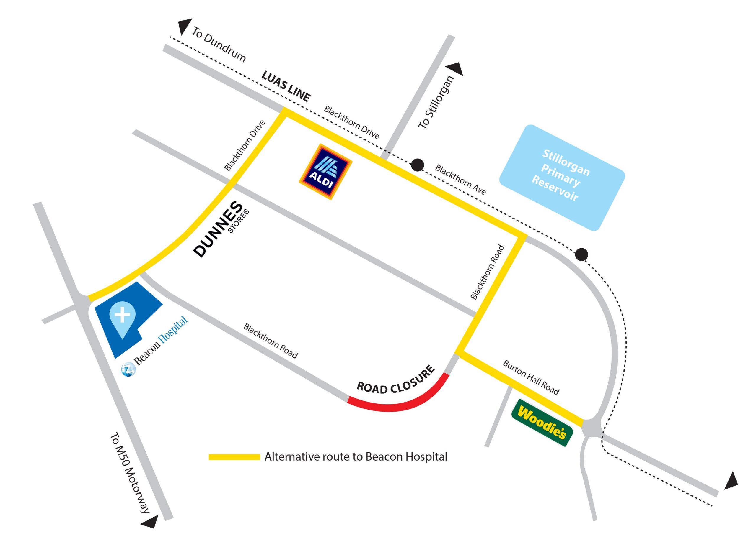 Beacon Hospital - Blackthorn Road Closure Map - Alternate Route - Jan 2026