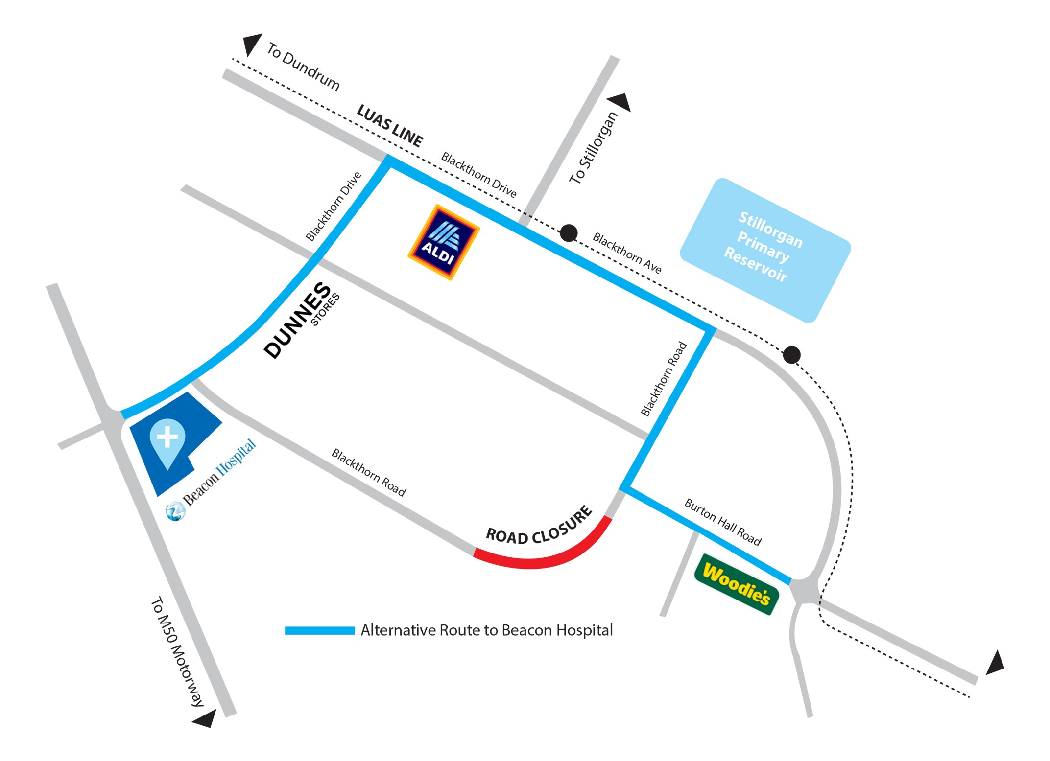 Beacon Hospital - Blackthorn Road Closure Map - Alternate Route - Jan 2026